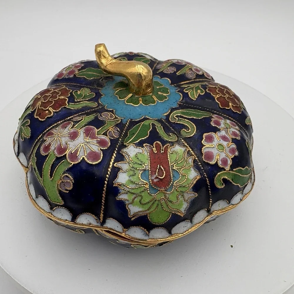 VTG Cloisonne Lidded Pumpkin Shaped Trinket Box China Blue Enamel‎ 3 1/2